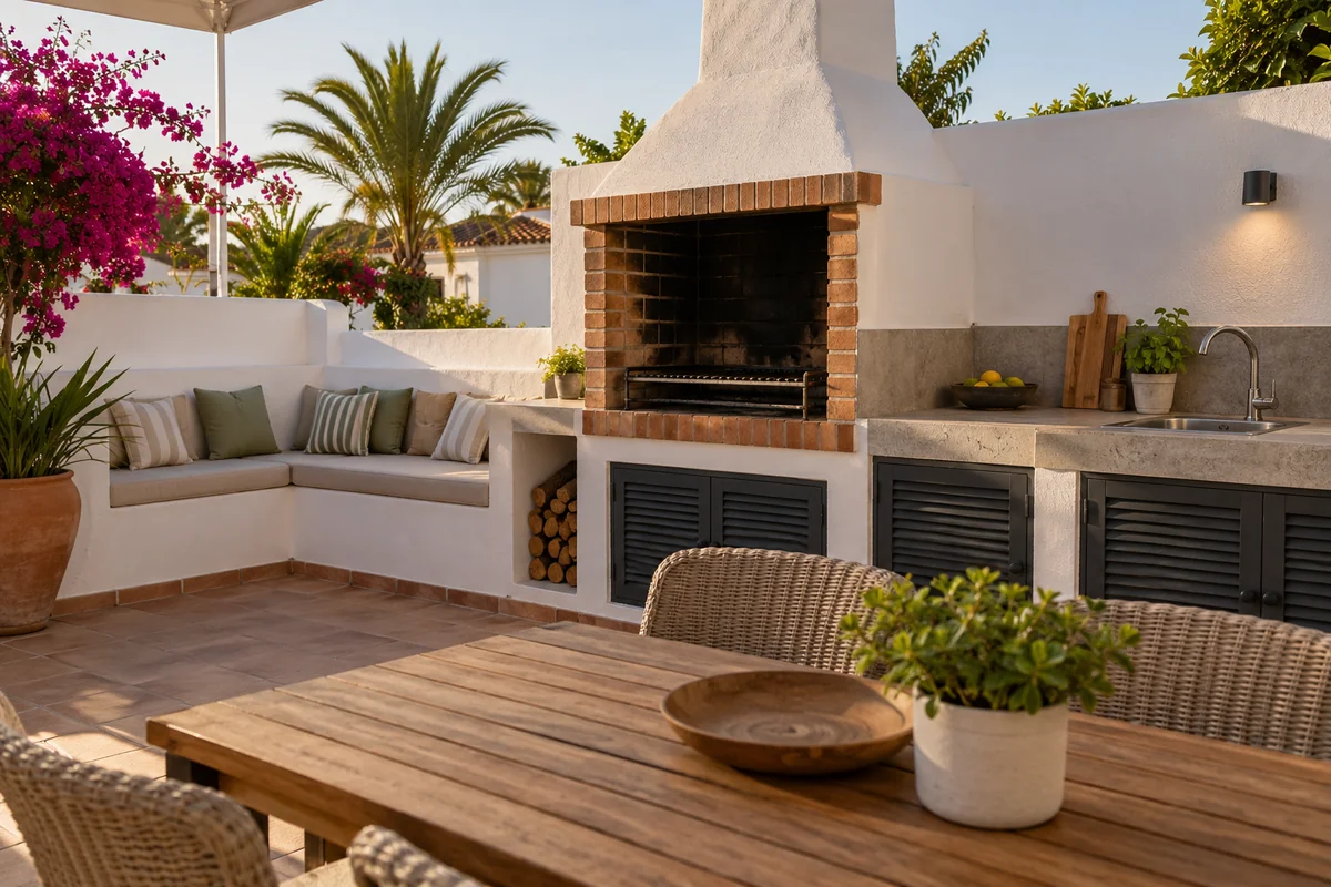Finished outdoor kitchen on a terrace with built-in barbecue, worktop, sink and built-in seating